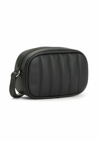 Black faux leather bag with quilted design, oval shape, zip closure, and a side strap for carrying. Smooth texture with subtle stitching detail.