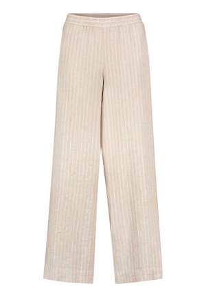 Pantalon beige à jambes larges avec rayures verticales blanches et taille élastique, fabriqué en tissu léger.