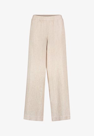 Beige wide-leg pants with white vertical pinstripes and an elastic waistband, made from lightweight fabric.