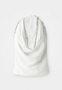 Top in tessuto bianco con design drappeggiato, dotato di una rifinitura di perline lungo il collo e una chiusura con legatura sul retro. Texture morbida.