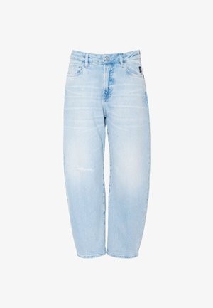 Jeans denim blu chiaro a vita alta con lieve scolorimento, chiusura con bottoni, tasche frontali e un piccolo dettaglio consumato sulla coscia sinistra.