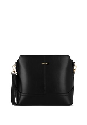 Bolso de hombro negro de cuero con herrajes dorados y logo de Mexx en el frente, con una correa desmontable y detalles de costura sencillos.