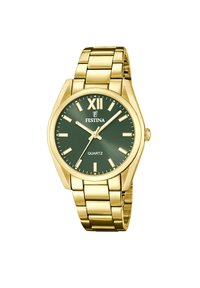 Montre en quartz dorée avec un cadran vert, grand indicateur XII, index des heures en bâton et un design de bracelet à maillons.