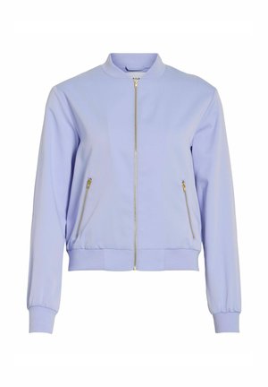 Világoslila bomber dzseki elöl aranyszínű cipzárral és két cipzáras oldalzsebbel, bordázott gallérral, mandzsettával és szegéllyel.