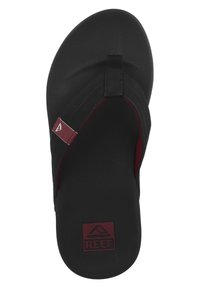 Black flip-flop with a textured sole, featuring a brown and maroon accent at the strap and a logo on the footbed, designed for comfort.