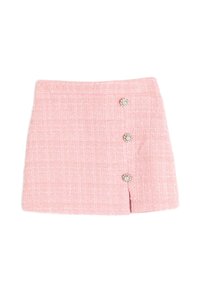 Rosa tweed mini kjol med rak skärning, med en sidoflik och tre dekorativa knappar framtill. Texturerad tyg.