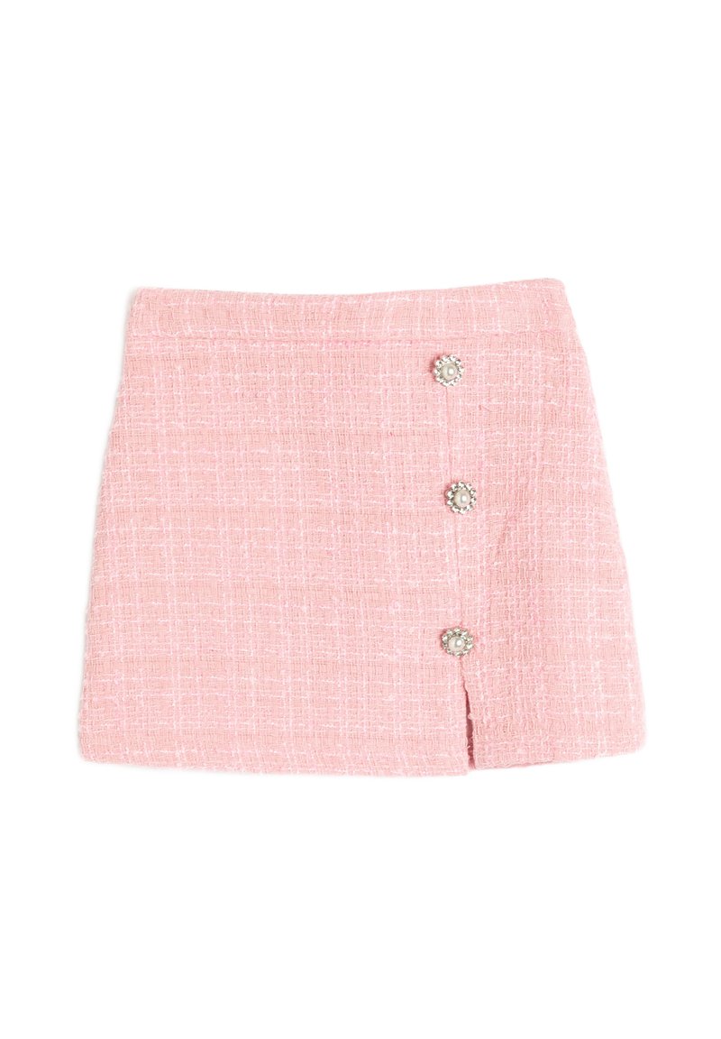 Rosa tweed mini kjol med rak skärning, med en sidoflik och tre dekorativa knappar framtill. Texturerad tyg.