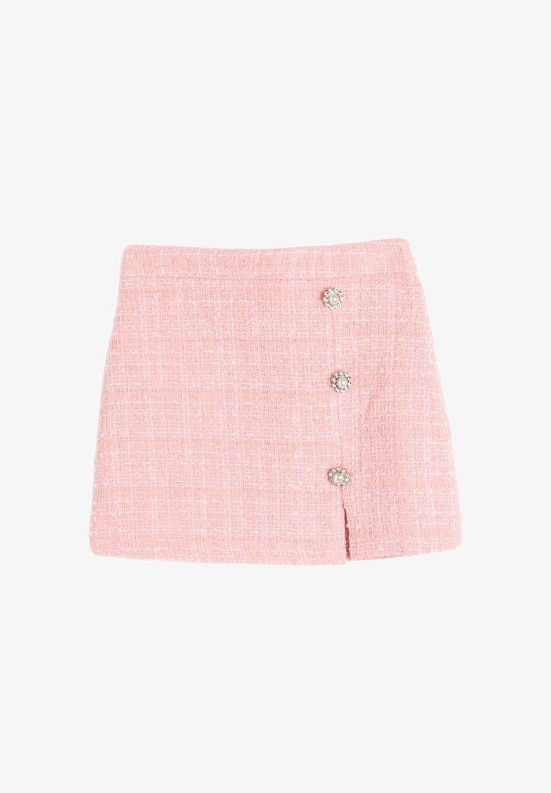 Rosa Tweed-Minirock mit geradem Schnitt, der eine seitliche Schlitze und drei dekorative Knopfakzente auf der Vorderseite aufweist. Strukturierter Stoff.