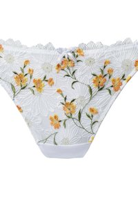 Pantaloni in pizzo bianco con ricami floreali in arancio e giallo. Bordo ondulato e un piccolo fiocco decorativo nella parte anteriore. Tessuto morbido.