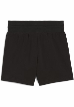 Shorts neri in cotone con vita elastica, caratterizzati da una texture semplice e liscia, senza marcature o motivi visibili.