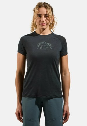 Short-sleeve dark gray t-shirt with a round neckline, featuring a light gray graphic that reads "THE OUTSIDE AWAITS" with nature elements.