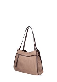 Borsa tote in suede marrone chiaro con dettagli in pelle marrone scuro e due manici per la spalla. Presenta una tasca frontale con zip e una texture morbida.