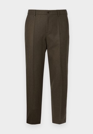 Dark brown tailored trousers with a smooth texture, featuring two front pleats, a button closure, and a straight-leg design.