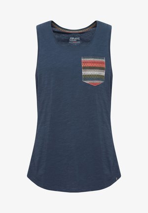 Mornarska majica bez rukava izrađena od mekog materijala, sa džepom s uzorkom u crvenoj, zelenoj i krem boji u geometricima. Zaobljen rub.