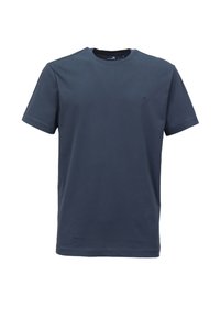 T-shirt corto a maniche corte di colore blu navy, realizzato in cotone. Presenta un collo a giro e un piccolo logo sul petto. Texture liscia, vestibilità standard.