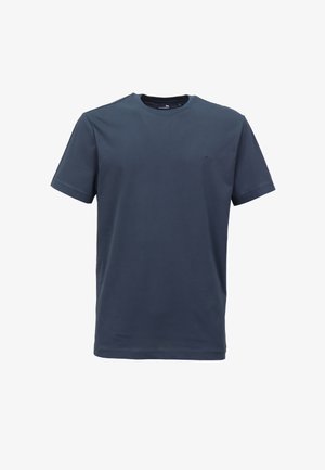 Námornícky modré tričko s krátkym rukávom vyrobené z bavlny. Má okrúhly výstrih a malé logo na hrudi. Hladká textúra, štandardný strih.