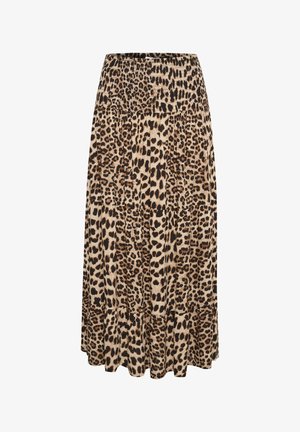 Pitkähihainen leopardi-kuvioinen maksihame, jossa on kootut vyötärö ja kerroksellinen röyhelöhelma. Se on valmistettu pehmeistä kankaista ja sen värit vaihtelevat beigeistä, ruskeasta ja mustasta.