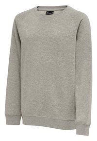 Ljust grå crewneck sweatshirt tillverkad av mjukt material. Har ribbade ärmslut och fåll, samt en liten logotyp vid nedre vänstra sidan.