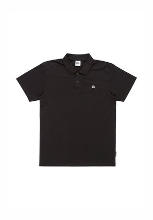 Black polo shirt made of cotton with a two-button placket, short sleeves, and a small embroidered logo on the left chest.