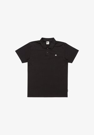 Black polo shirt made of cotton with a two-button placket, short sleeves, and a small embroidered logo on the left chest.