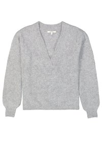 Helle graue Wollpullover mit V-Ausschnitt, langen Puffärmeln und einer strukturierten Oberfläche. Verfügt über eine lockere Passform und gerippte Bündchen.
