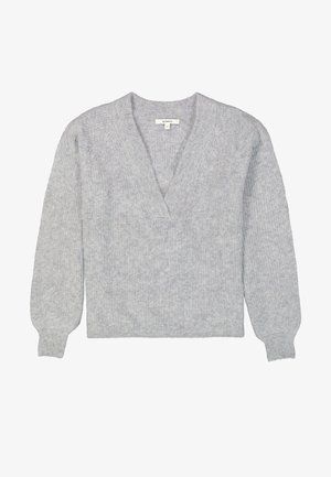 Light gray wool sweater with a V-neck, long puff sleeves, and a textured finish. Features a relaxed fit and ribbed cuffs.