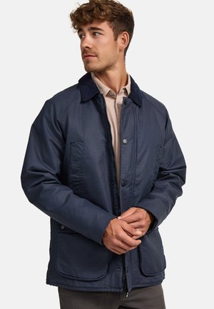 Navy jacket with a soft, corduroy collar, featuring two front pockets and a zip closure. Smooth texture and casual design.
