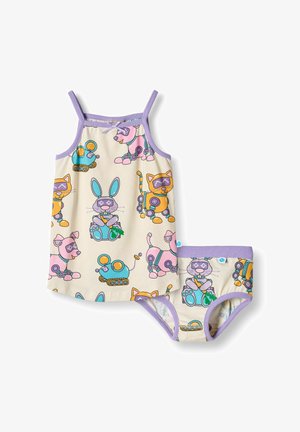 Krém színű gyermek ujjatlan póló és alsónemű szett. Színes, mesefigurás nyomatok találhatók rajta rózsaszín, narancssárga és kék színekben, lila árnyalatokkal kiegészítve.