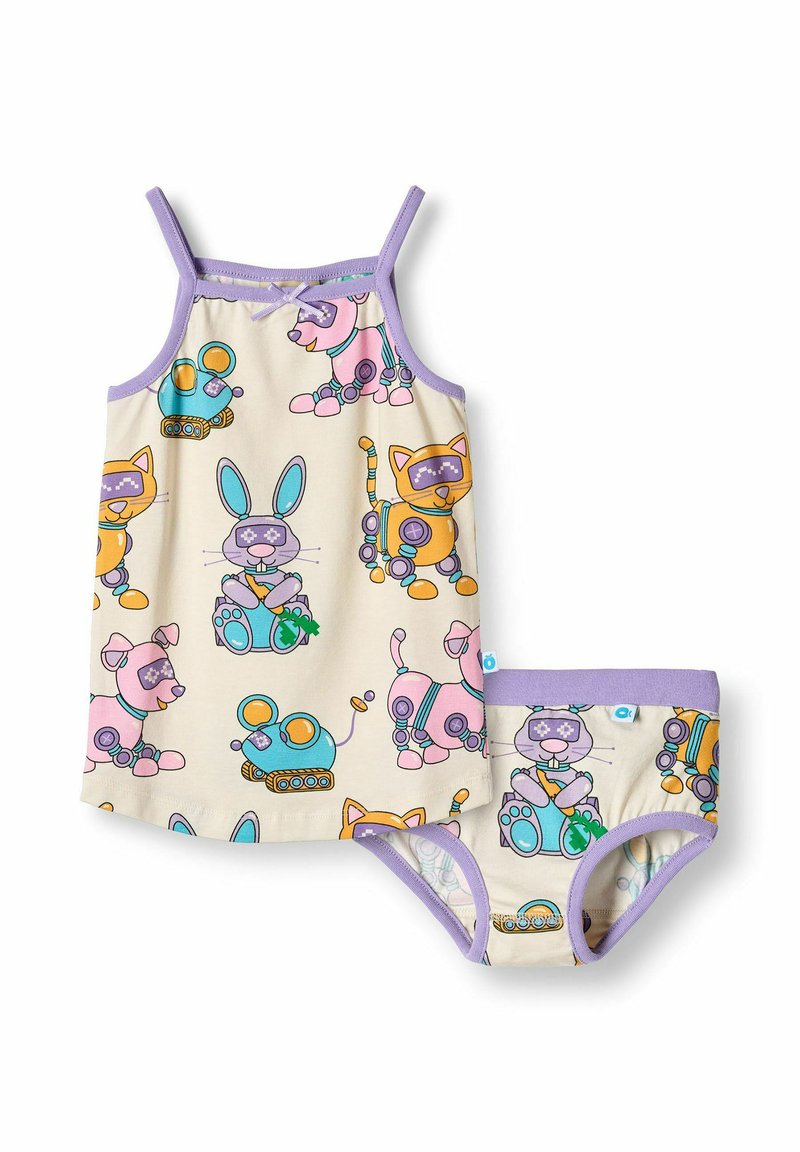 Kinderen tanktop en ondergoedset in crème. Bevat kleurrijke, cartoonachtige dierenprints in roze, oranje en blauw met lila accenten.