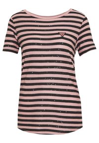 Czarny i różowy t-shirt w paski z krótkim rękawem, okrągłym dekoltem i cekinowymi detalami. Ma małe trójkątne logo na górnej lewej stronie.