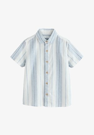 Kortærmet skjorte med knapper, lyseblå og hvide lodrette striber og træknapper, med klassisk krave.