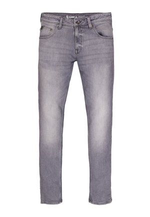 Slim-fit grijze jeans met vervaagde wassing, knoop- en ritssluiting, voor- en achterzakken, en riemlussen.