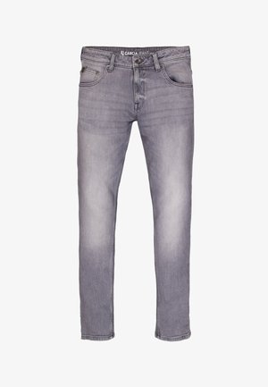 Slim-fit grijze jeans met vervaagde wassing, knoop- en ritssluiting, voor- en achterzakken, en riemlussen.