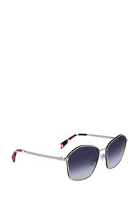 Occhiali da sole con montatura ottagonale, dettagli in metallo argentato, lenti gradienti e bracci a motivo rosso e nero. Inclusi anche i naselli regolabili.