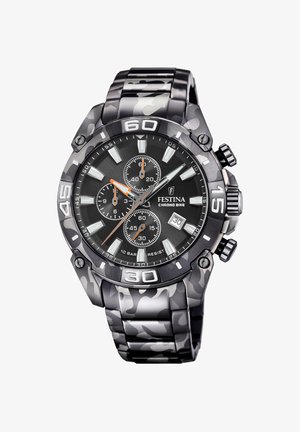 Czarny i szary zegarek chronograf ze stali nierdzewnej z trzema subtarczami, dużymi indeksami i pomarańczowymi akcentami na wskazówkach. Wodoodporny do 10 barów.