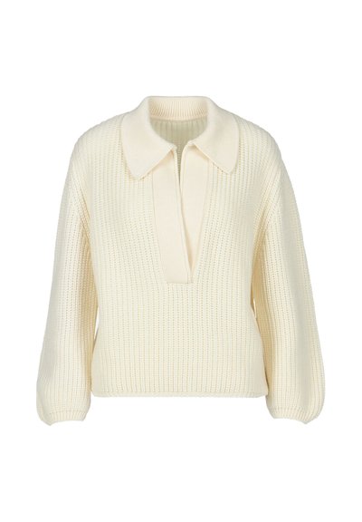 Kremni pleteni pulover z dolgimi, rahlo napihnjenimi rokavi, ovratnikom in globokim V-izrezom. Strukturalno rebrasto pletenje po celotnem oblačilu.