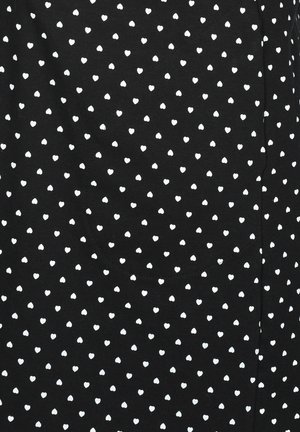 Black fabric featuring a uniform pattern of small white hearts. Smooth texture with a slight stretch and a subtle sheen.