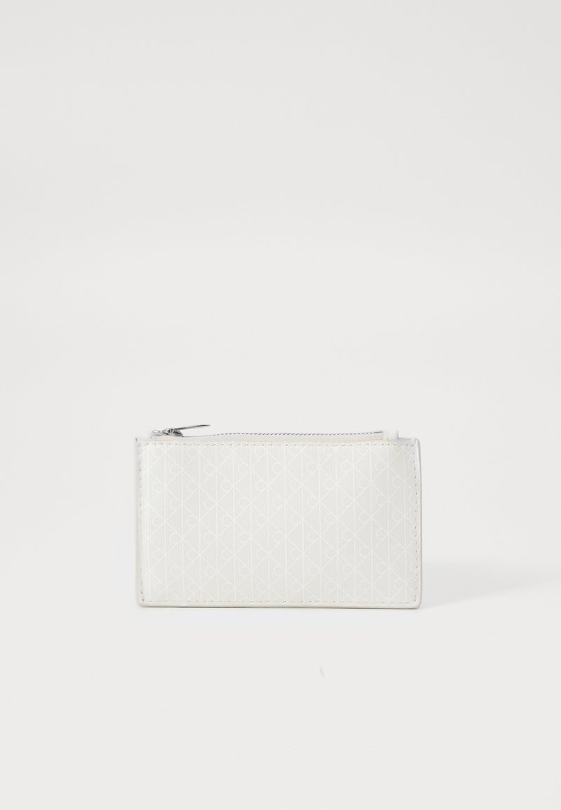 White geometric-patterned wallet with a smooth texture, zip closure, and seamless edges. Compact rectangular shape, suitable for cards and coins.
