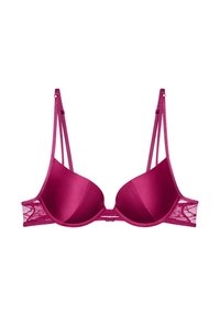 Reggiseno in satin fucsia con coppe preformate, dettaglio in pizzo sui lati, spalline regolabili e chiusura a gancio sul retro. Texture liscia nel complesso.
