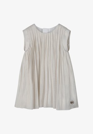 Mouwloze jurk in lichtbeige met verticale plooien. Voorzien van een ronde halslijn en een klein logo-accent aan de zoom. Soepele textuur.