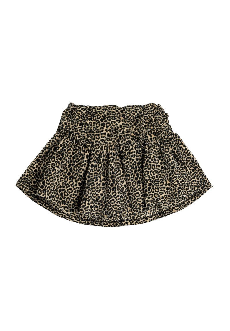 Luipaardmotief rok met een uitlopende snit, elastische tailleband en geplooide textuur. Kleuren zijn beige en zwart.