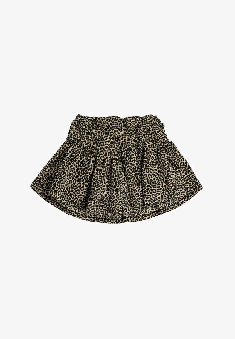 Leopardmuster-Rock mit schwingendem Design, elastischem Bund und geraffter Textur. Farben sind Beige und Schwarz.