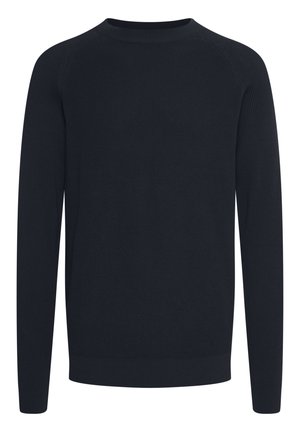 Mørkeblå ribstrikket sweater med lange ærmer, rund hals, tekstureret stof og en tætsiddende bundsøm. Ingen synlige logoer eller mønstre.