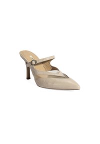 Beige spitze Absatzmules mit Krokodilprägung, einem ausgeschnittenen Design und einem dünnen verstellbaren Riemen mit einer Metallschnalle.