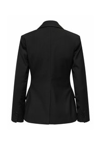 Czarna, dopasowana marynarka z długimi rękawami, kołnierzem z wycięciem i mankietami na guziki, pokazana od tyłu na białym tle.