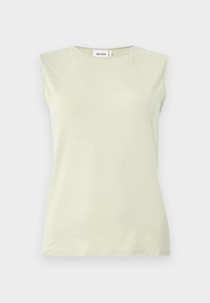 Heledane ilma varrukatega topp ümmarguse kaelusega. Valmistatud pehmest kangast, millel on sile tekstuur ja minimalistlik disain.