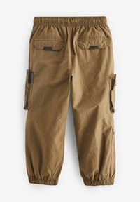 Braune Cargo-Hosen mit einem elastischen Bund, geknöpften Bündchen, zwei Gesäßtaschen und seitlichen Taschen zur Aufbewahrung. Hergestellt aus leichtem Material.