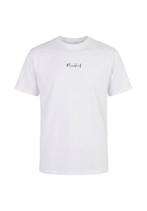 Weißes T-Shirt mit kurzen Ärmeln und rundem Ausschnitt, auf dessen Brustmitte das Wort "Kleingkeit" in kleiner schwarzer Schrift gedruckt ist.