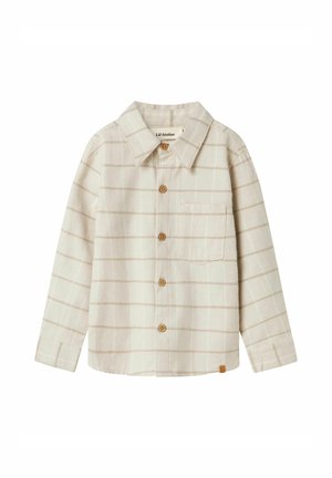 Camicia a maniche lunghe in tessuto beige chiaro con un sottile motivo a quadretti color nocciola, dotata di colletto, taschino frontale e bottoni in legno.