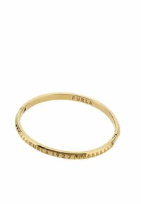 Bracciale in oro con finitura lucida. Presenta una nervatura testurizzata su un lato e il logo inciso con "FURLA 1927" all'interno.